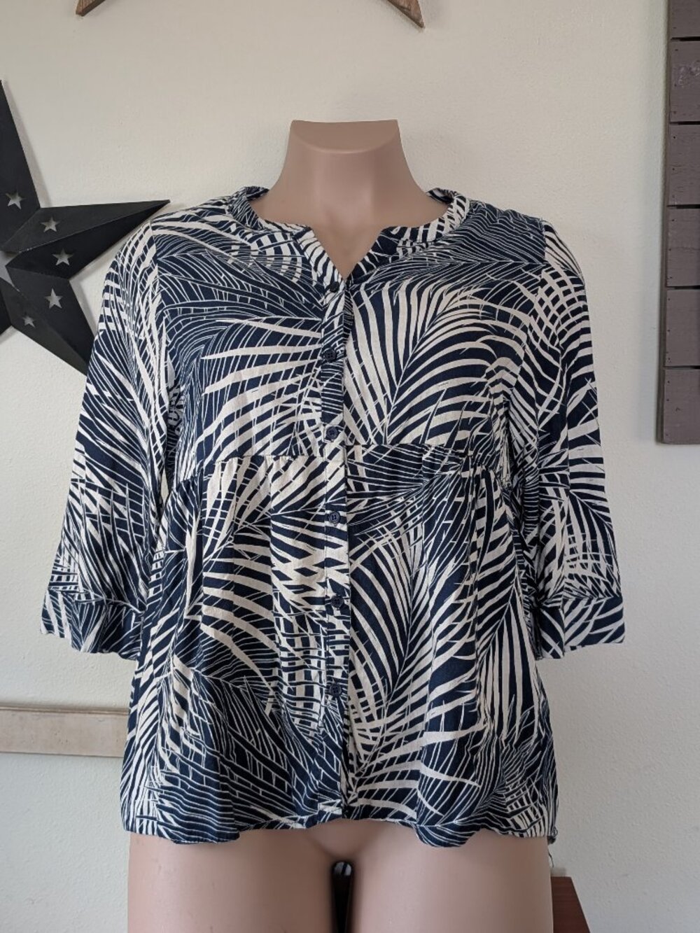 Panama Jack Sz1X Navy Leaf Print Linen Roll Tab button up
